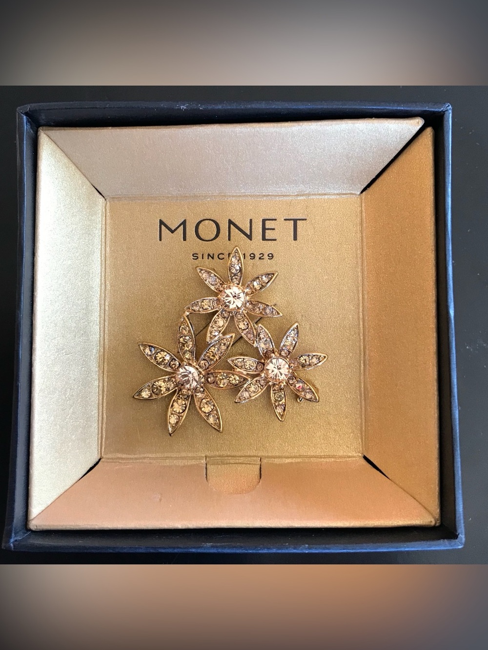 Monet Gold Floral Crystal Trio Brooch